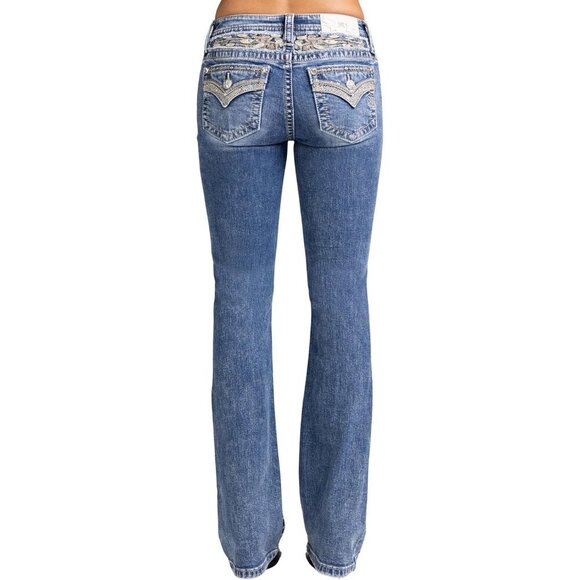 Women's Bootcut Jeans Faux Flap Pockets Peacock Feather Embellished Stylish